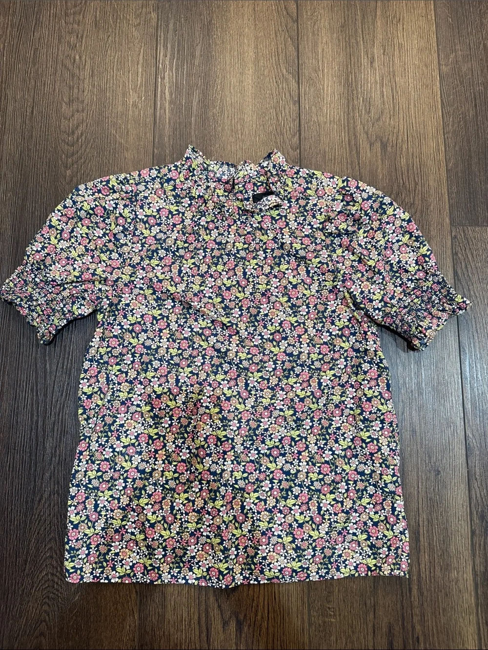 J. Crew Navy Floral Ruffle Blouse with Pink & Yellow Blooms XXS